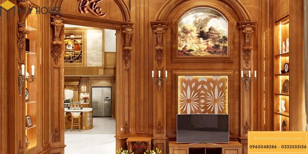 Thiết kế nội thất phòng khách bằng gỗ biệt thự cao cấp