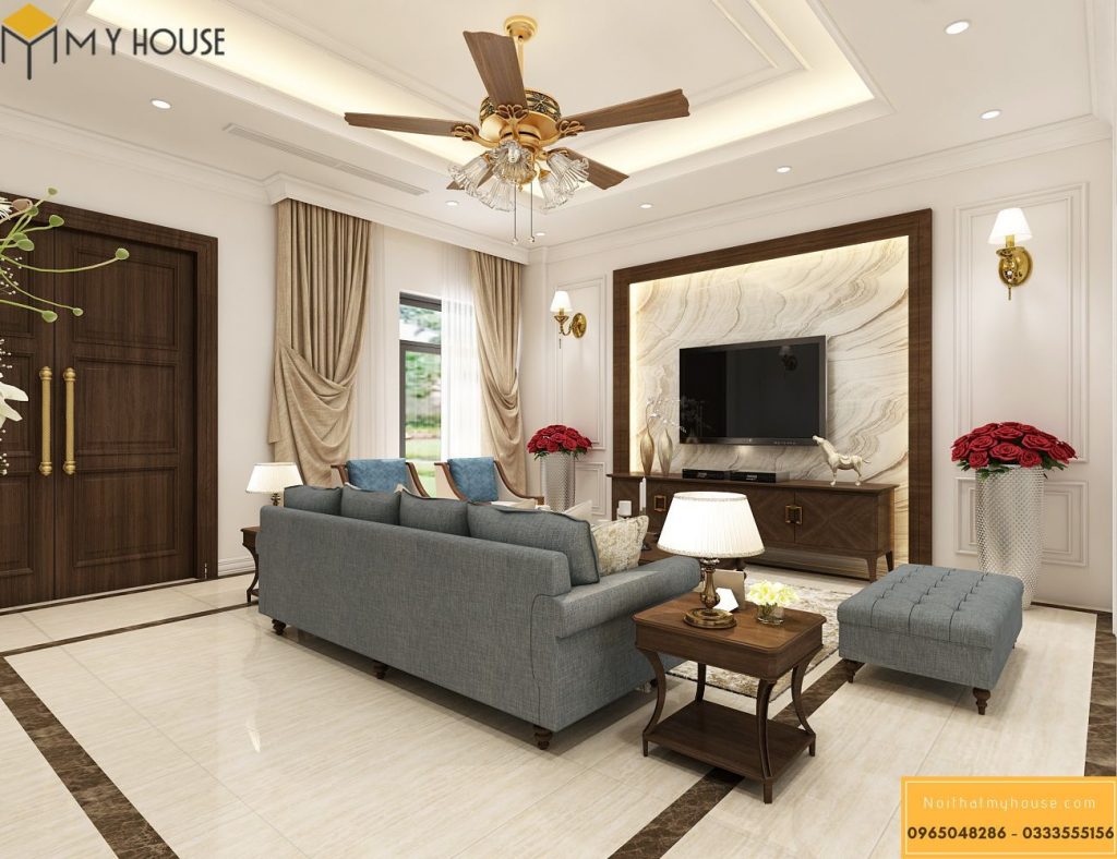Mẫu thiết kế nội thất phòng khách hiện đại pha tân cổ điển - View 3