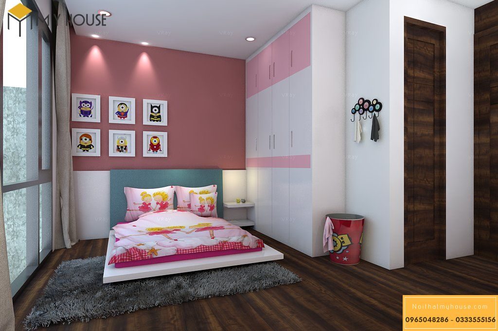 Phòng ngủ bé gái với tông màu hồng