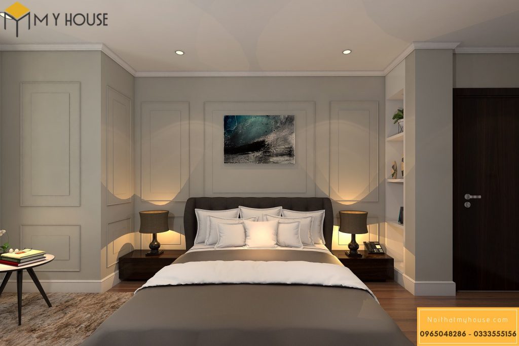 Phòng ngủ với gam màu nhẹ nhàng kết hợp ánh sáng lãng mạn