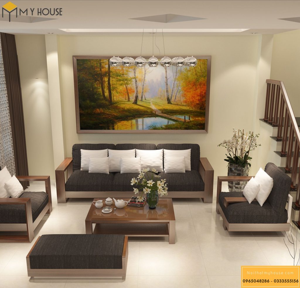 Phòng khách nhà phố, phong cách hiện đại, sofa gỗ