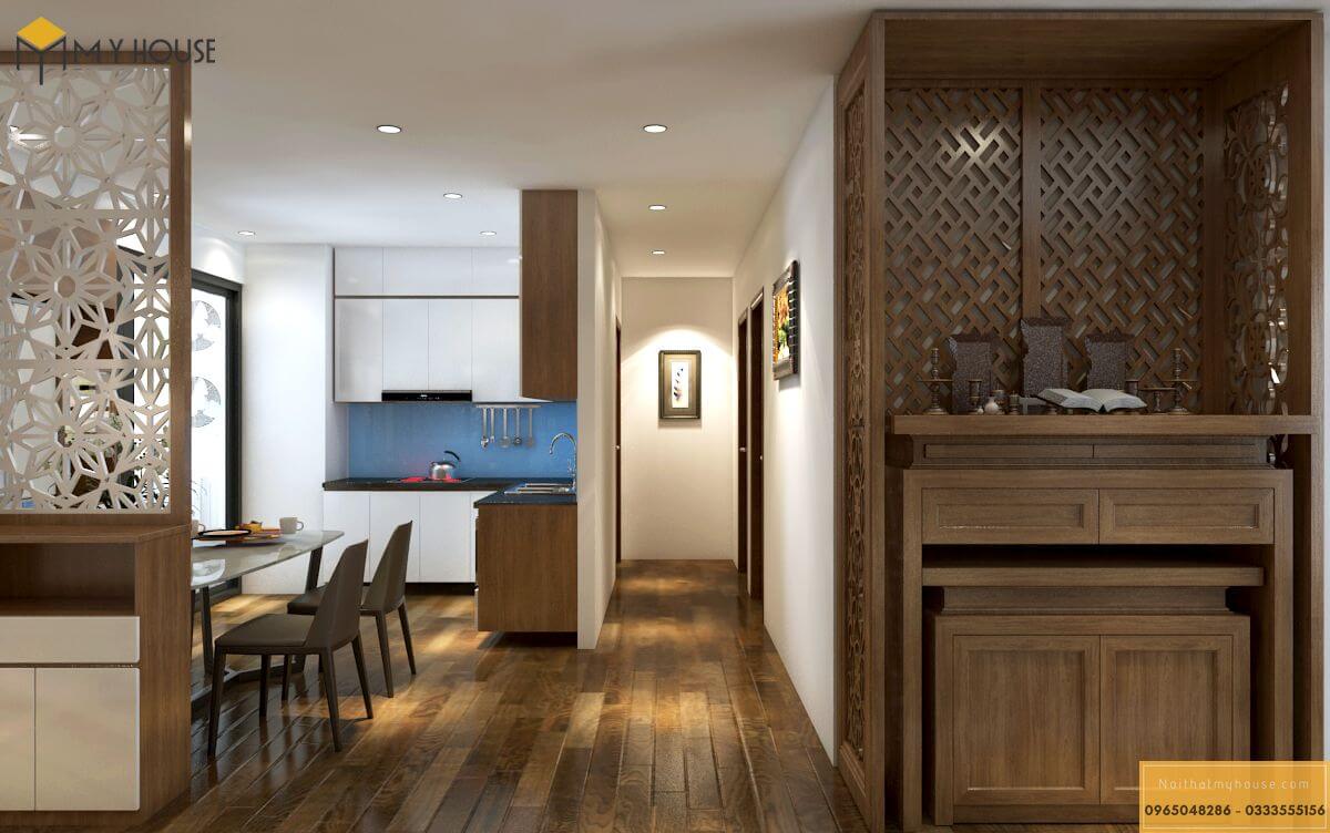 Phòng bếp chung cư nội thất gỗ sồi