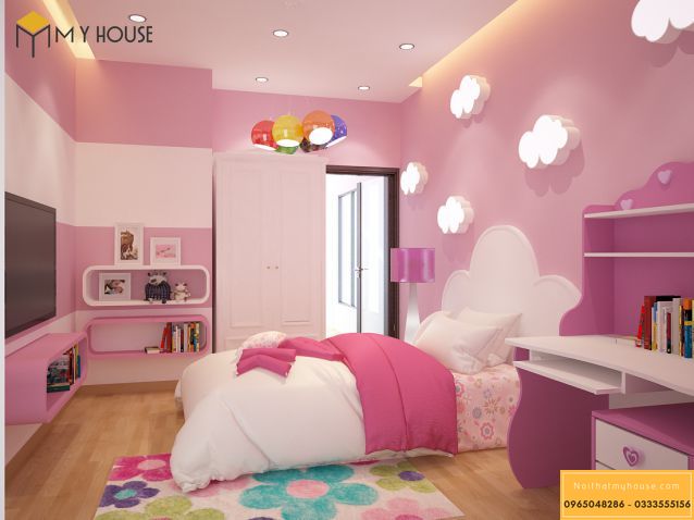 Phòng ngủ bé gái màu hồng 12 tuổi