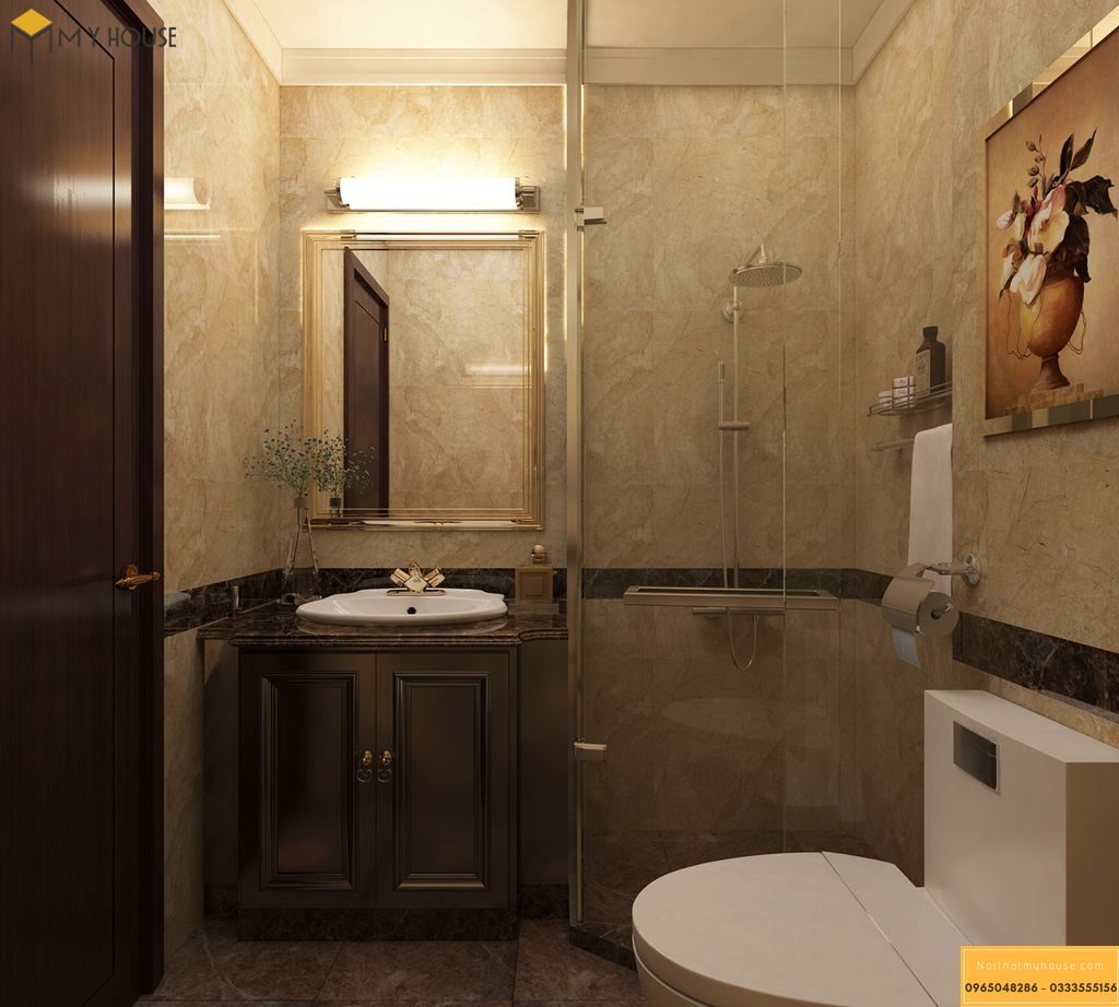 Nhà tắm ấn tượng với tường đá gạch màu vàng
