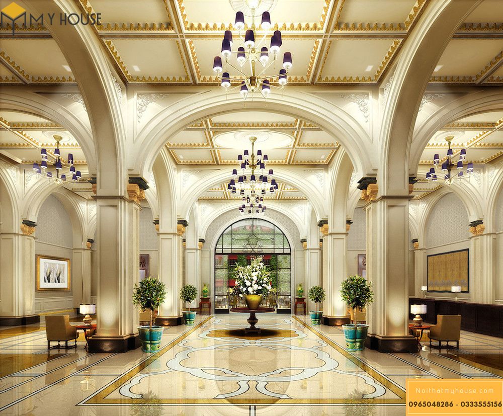 Sảnh khách sạn cũng được thiết kế đồng nhất với kiến trúc 