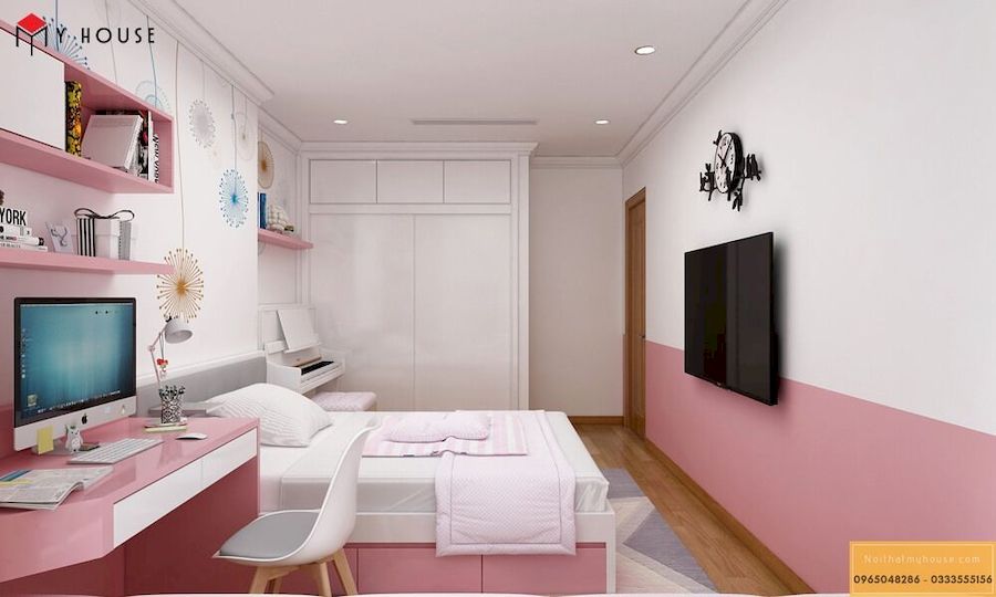 Phòng ngủ con gái ấn tượng với gam màu hồng - View 1