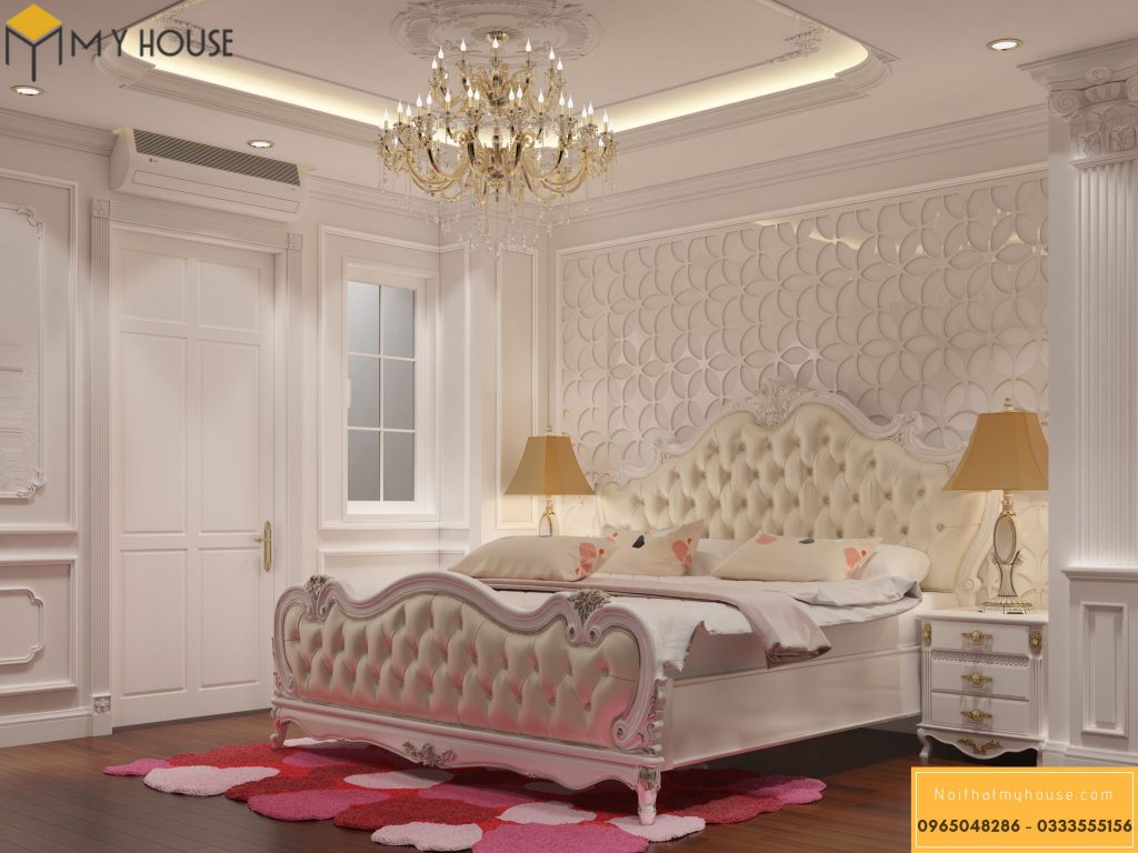 Thiết kế giường đẹp kết hợp mảng tường decor vô cùng duyên dáng, điệu đà