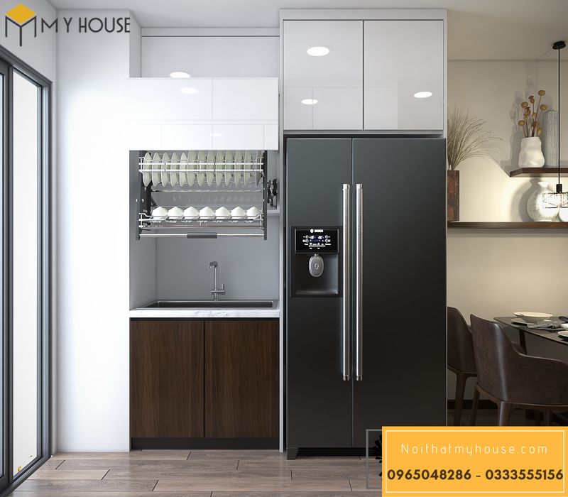 Tủ bếp kết hợp tủ lạnh , thiết kế giá bát nâng hạ tiện lợi cho gia chủ khi sử dụng