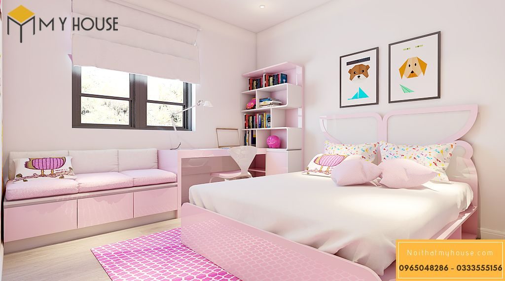 Phòng ngủ con gái với thiết kế bục ngồi cửa sổ, tranh treo ngộ nghĩnh