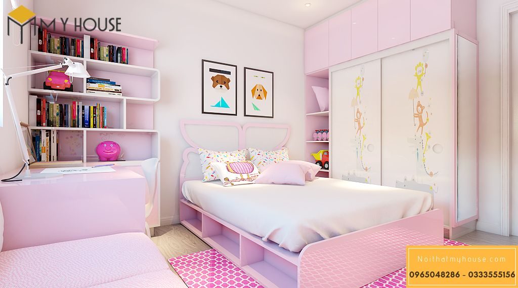 Phòng ngủ con gái tông hồng theo sở thích, thiết kế giường duyên dáng
