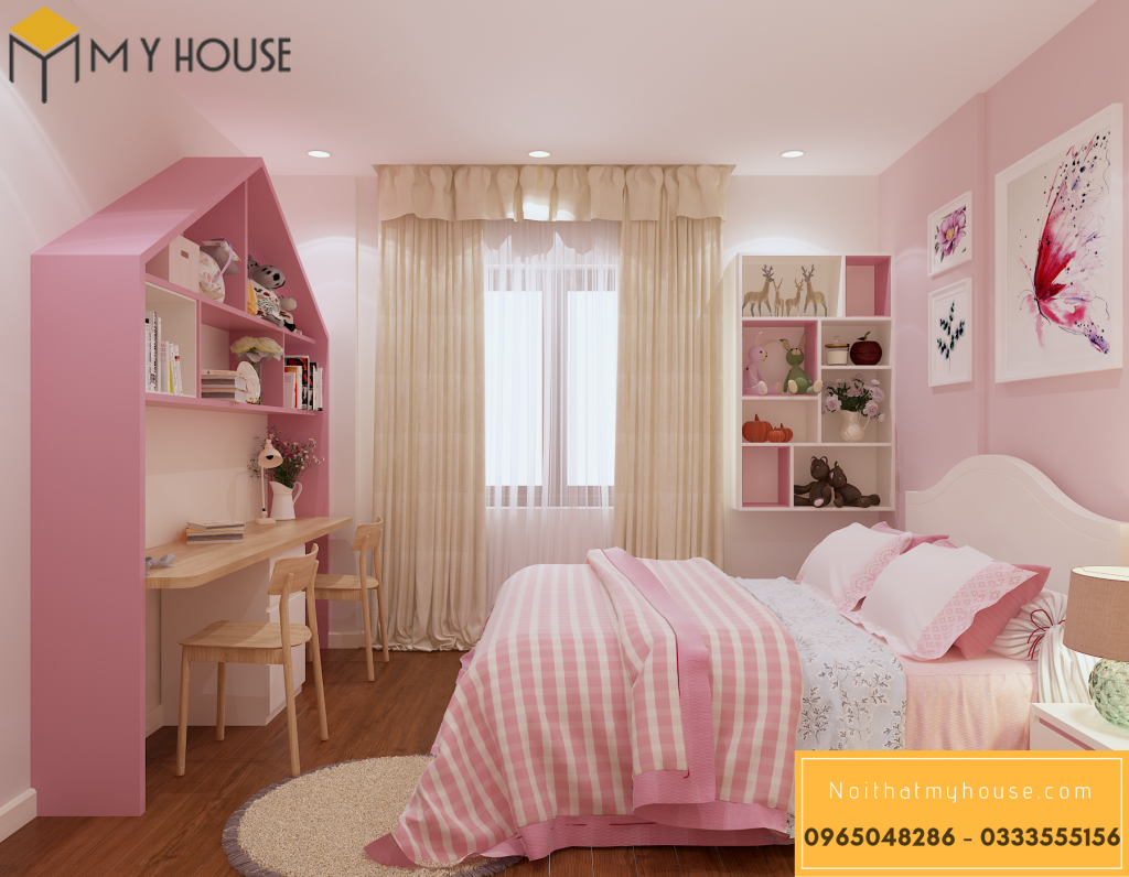Phòng ngủ nội thất gỗ sồi sơn màu phù hợp với lứa tuổi