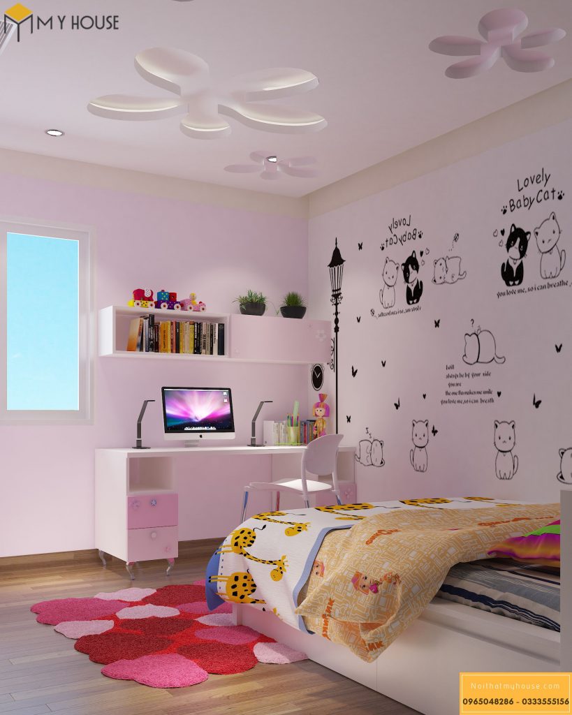 Hình ảnh giấy dán tường ngỗ nghĩnh được thiết kế trong phòng ngủ con gái