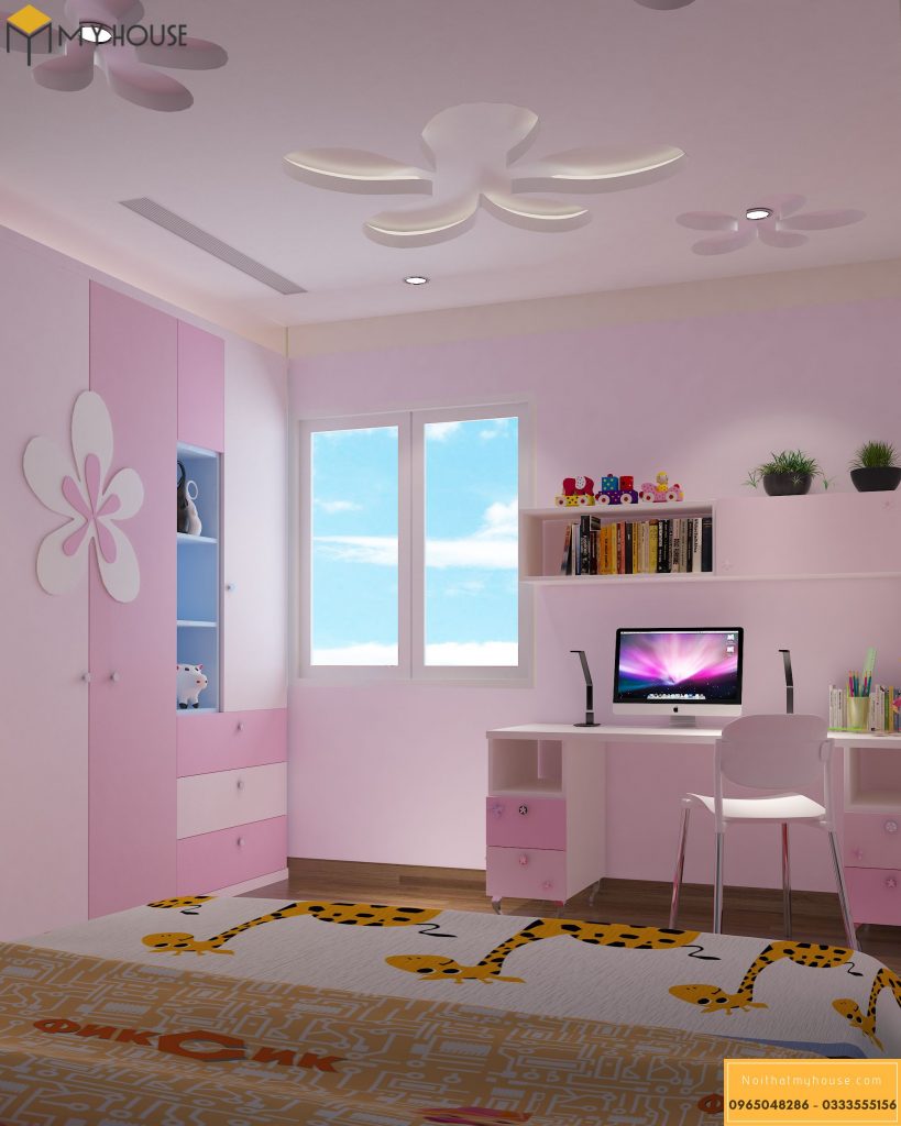 Phòng ngủ bé gái màu hồng, trần thạch cao decor tạo hình