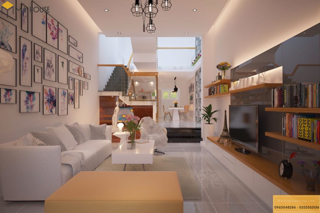 Thiết kế theo không gian liên kết giữa phòng khách và phòng bếp theo chiều sâu là lựa chọn hoàn hảo trong nhà ống.