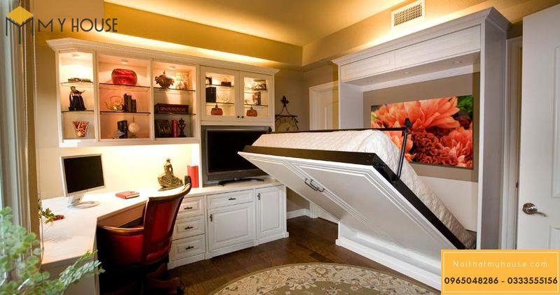 Tưởng chừng là hệ tủ phong cách tân cổ điển, với thiết bị ray kéo thông minh tủ đã thành giường