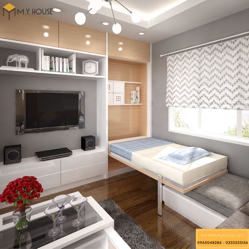 Căn hộ chung cư nhỏ, phòng ngủ, phòng khách cùng thiết kế trong 1 không gian sử dụng
