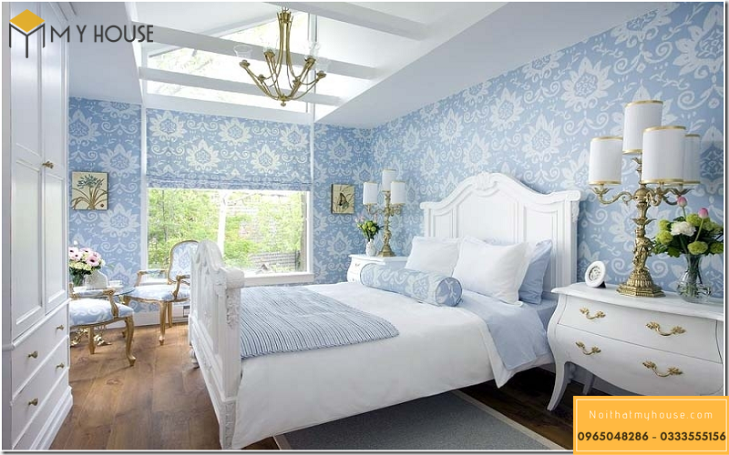 Phòng ngủ giấy dán tường họa tiết vintage, màu xanh mát mắt
