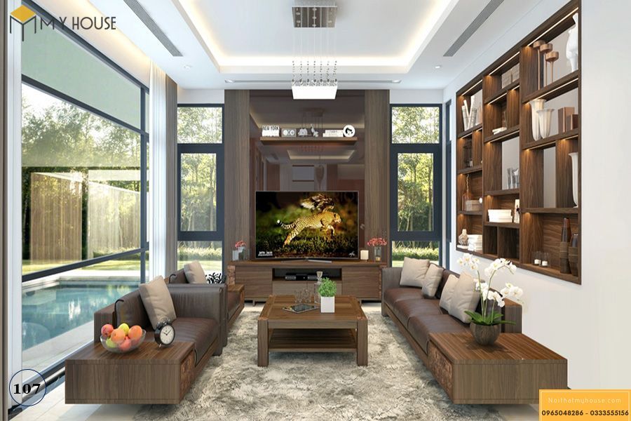 Thiết kế nội thất phòng khách hoàn toàn bằng gỗ óc chó
