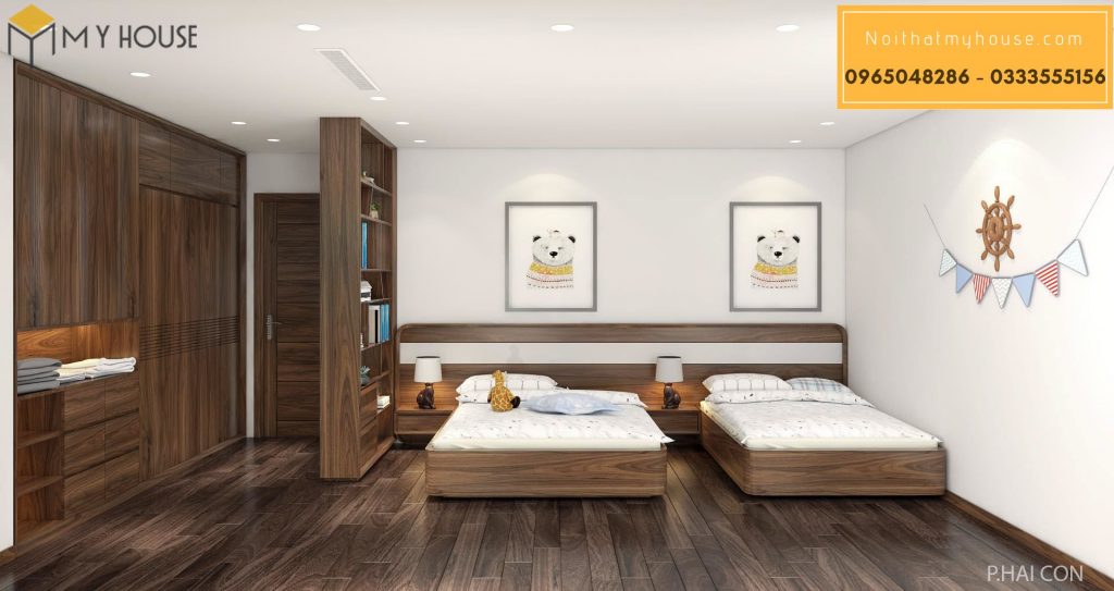 Không gian phòng ngủ con bằng gỗ óc chó
