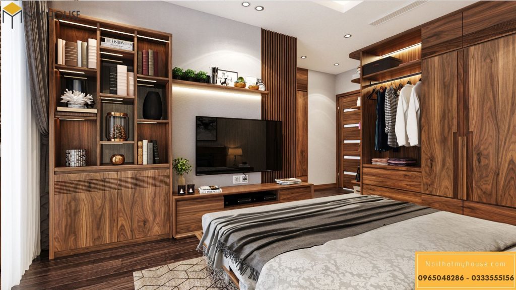 Phòng ngủ của khách thiết kế đơn giản, sang trọng với đồ gỗ óc chó: giường ngủ, kệ trang trí,..