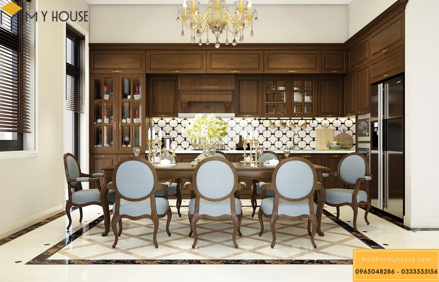 Phòng ăn nổi bật với màu sắc tự nhiên của gỗ ở hệ thống tủ bếp, bàn ghế 