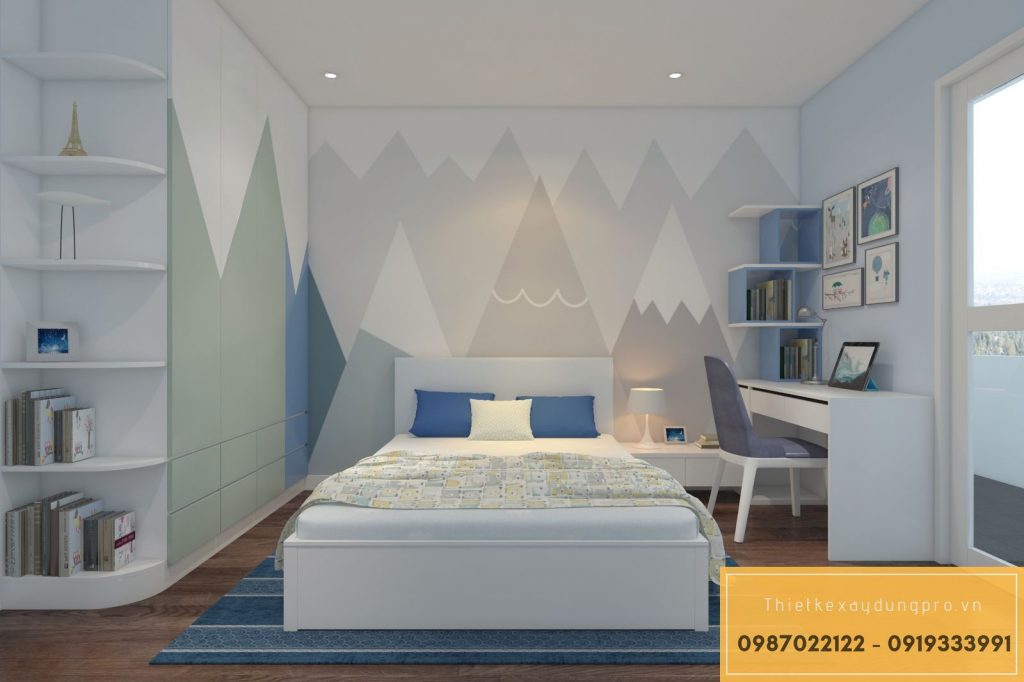 Phòng ngủ bé trai với gam màu xanh nhẹ - View 1
