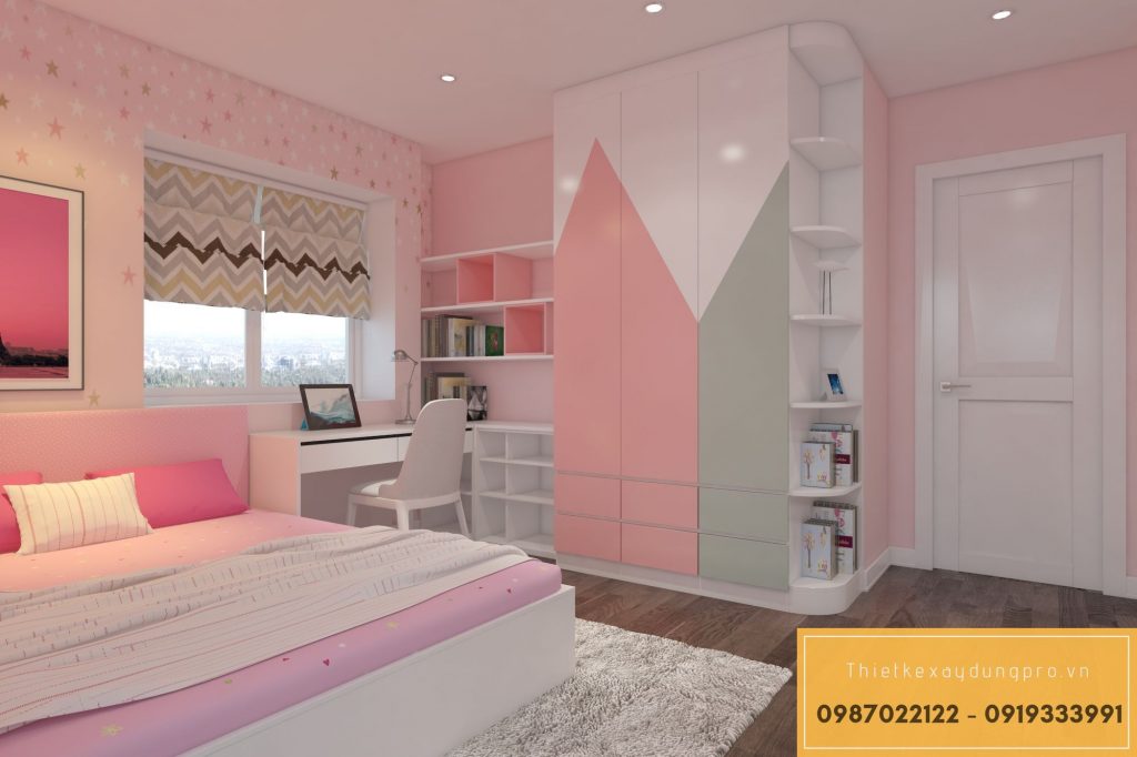 Phòng ngủ bé gái với gam màu hồng - View 2