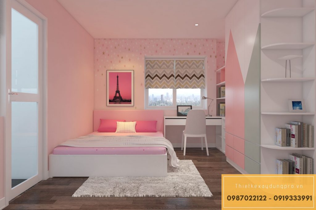 Phòng ngủ bé gái với gam màu hồng - View 1