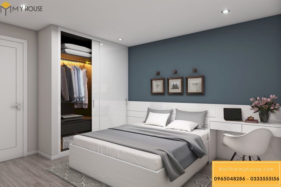 Phòng ngủ thứ 3 nổi bật với tông màu trắng sáng nội thất thông minh - góc view 2