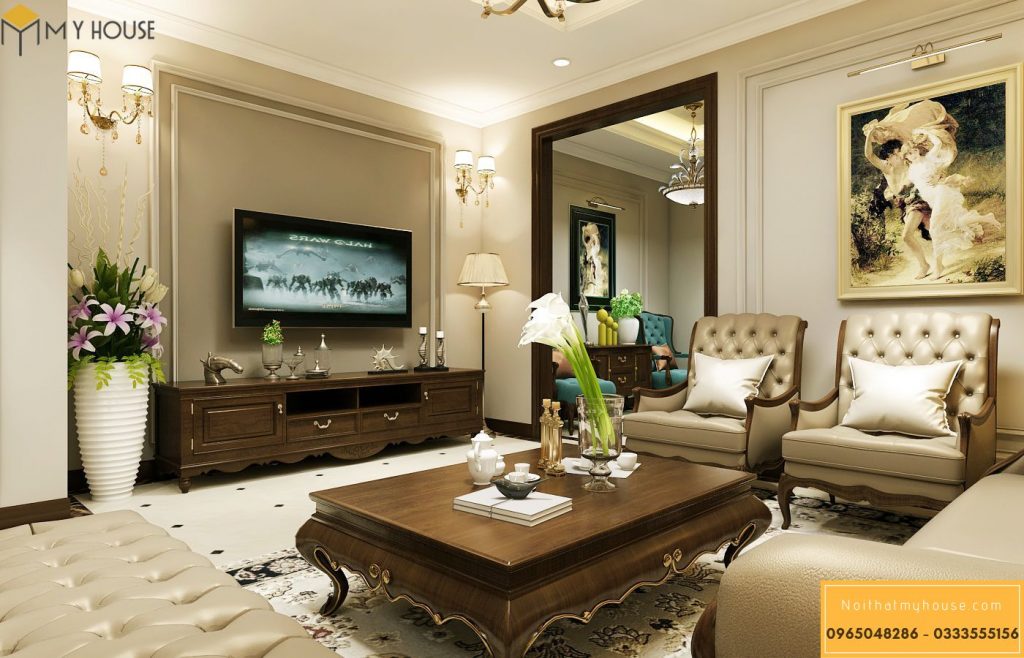 Phòng khách căn hộ 125m2 được thiết kế phong cách tân cổ điển cao cấp