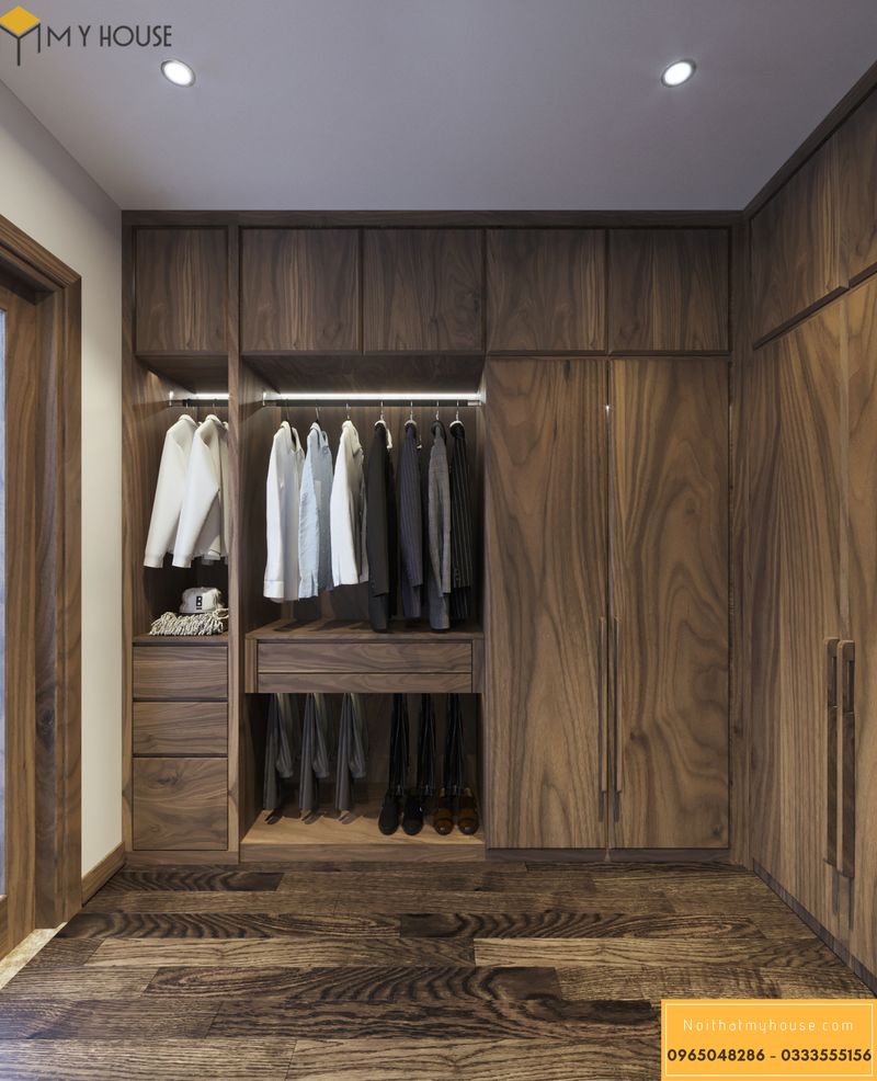 Tủ quần áo trong phòng thay đồ chất liệu gỗ óc chó