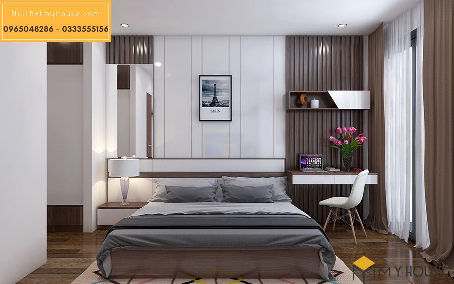 Phòng ngủ hiện đại sang trọng với tông màu trắng và nâu của gỗ tự nhiên