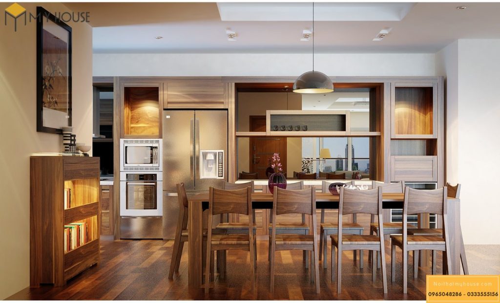 Không gian sang trọng với phòng bếp hoàn toàn bằng gỗ