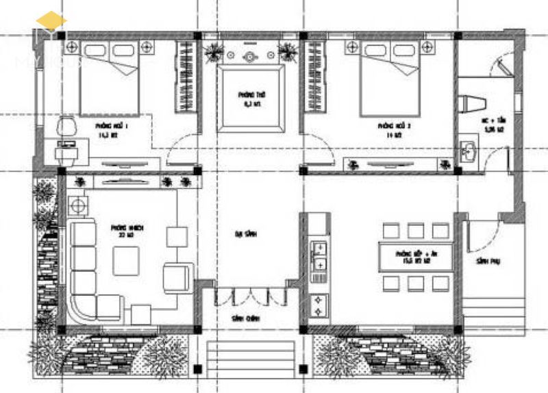 Bản vẽ mẫu nhà cấp 4: Sảnh, phòng thờ, phòng khách, bếp + phòng ăn, 2 phòng ngủ, WC