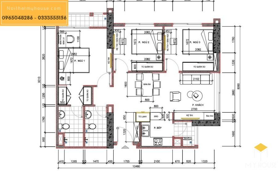 20 Bản vẽ mẫu thiết kế nội thất căn hộ 3 phòng ngủ đẹp 2022