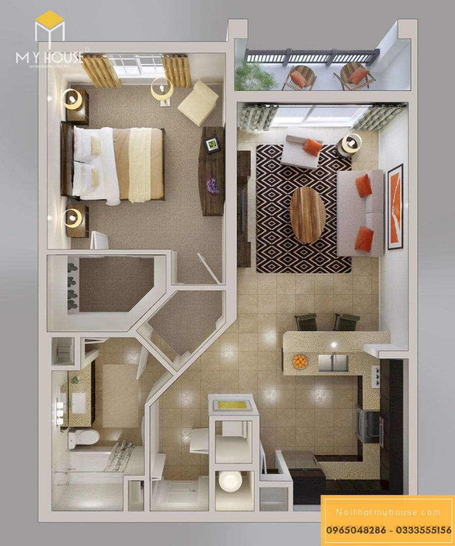 Mẫu bản vẽ thiết kế nội thất chung cư 1 phòng ngủ - Mẫu 1