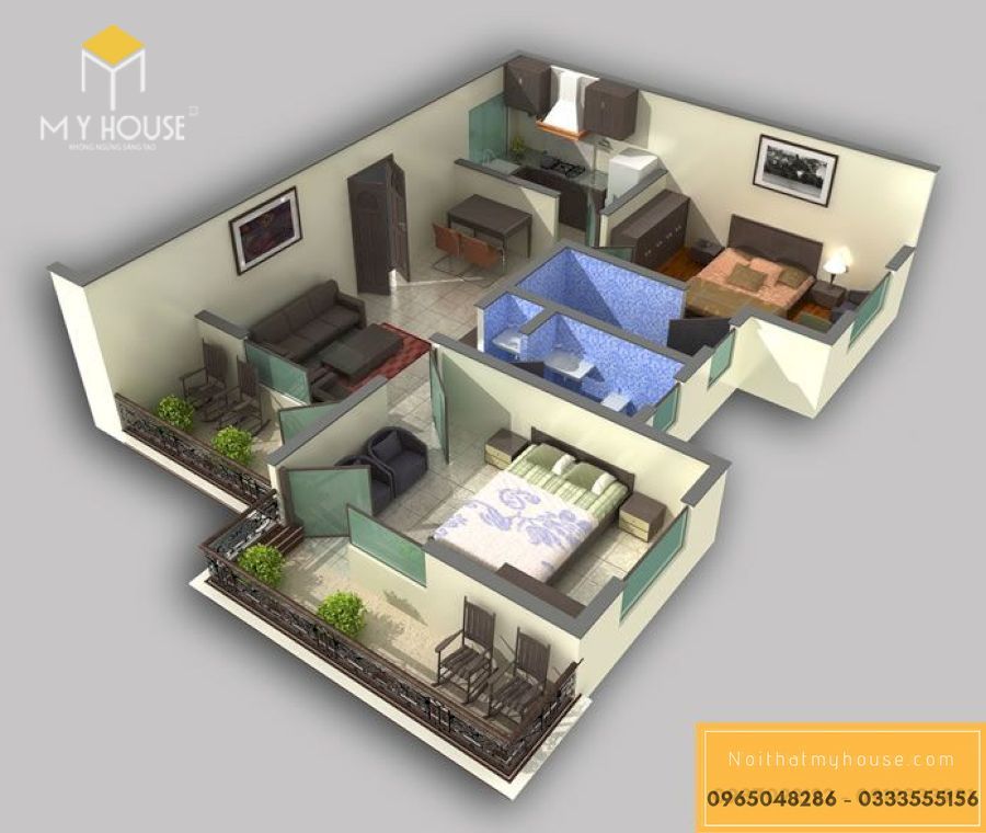 Bản vẽ thiết kế nội thất chung cư 2 phòng ngủ - Mẫu 6
