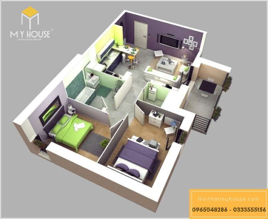 Bản vẽ thiết kế nội thất chung cư 2 phòng ngủ - Mẫu 5