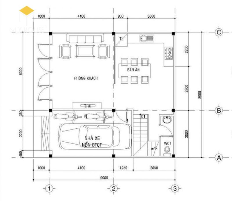 Mặt bằng tầng 1: Phòng khách, bếp + phòng ăn, gara để xe, WC