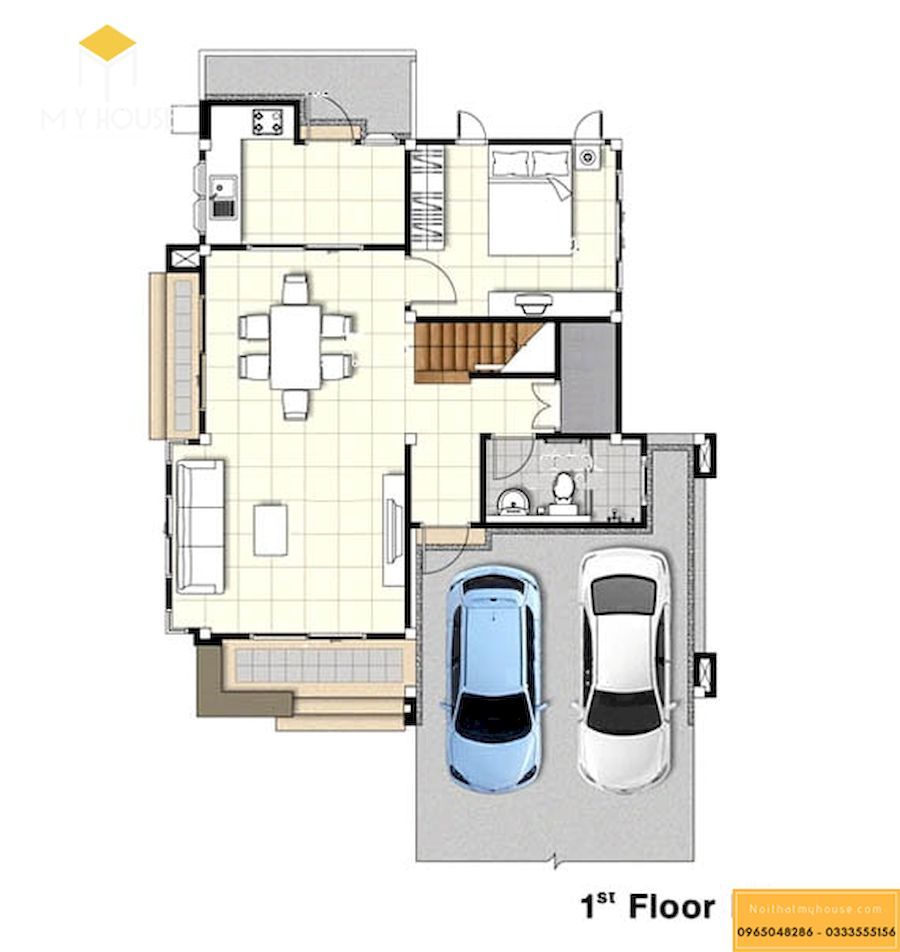 Mặt bằng tầng 1: Gara để xe, phòng khách, bếp + phòng ăn, phòng ngủ