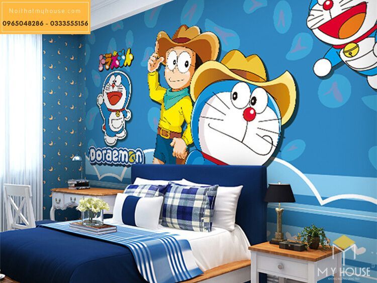Phòng ngủ với hoạt hình mèo máy ấn tượng - Mẫu 2