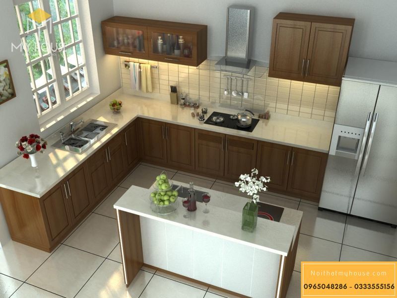Mẫu thiết kế nội thất phòng bếp nhỏ bằng gỗ tự nhiên