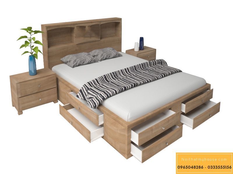 Giường ngủ gỗ sồi có ngăn kéo - Mẫu 20
