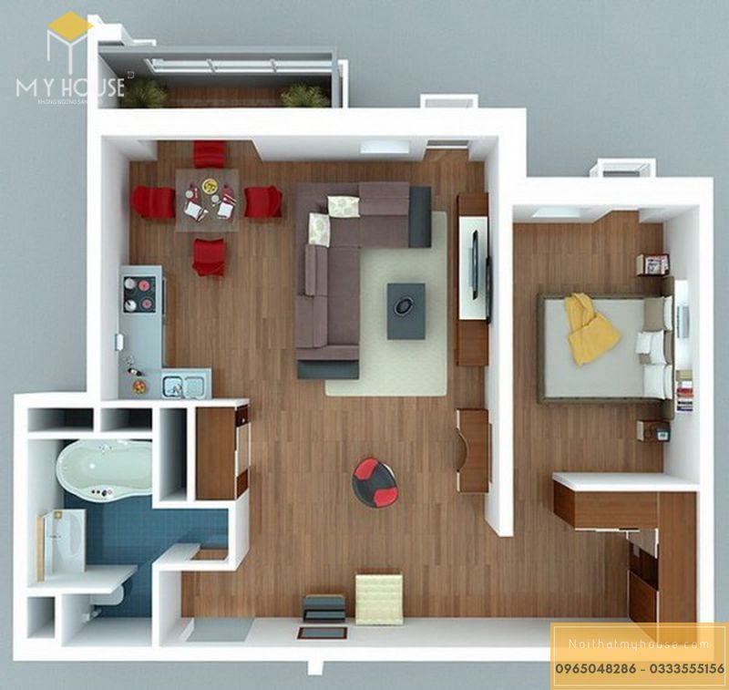 Bố trí căn hộ mini 1 phòng ngủ đẹp ấn tượng - M4