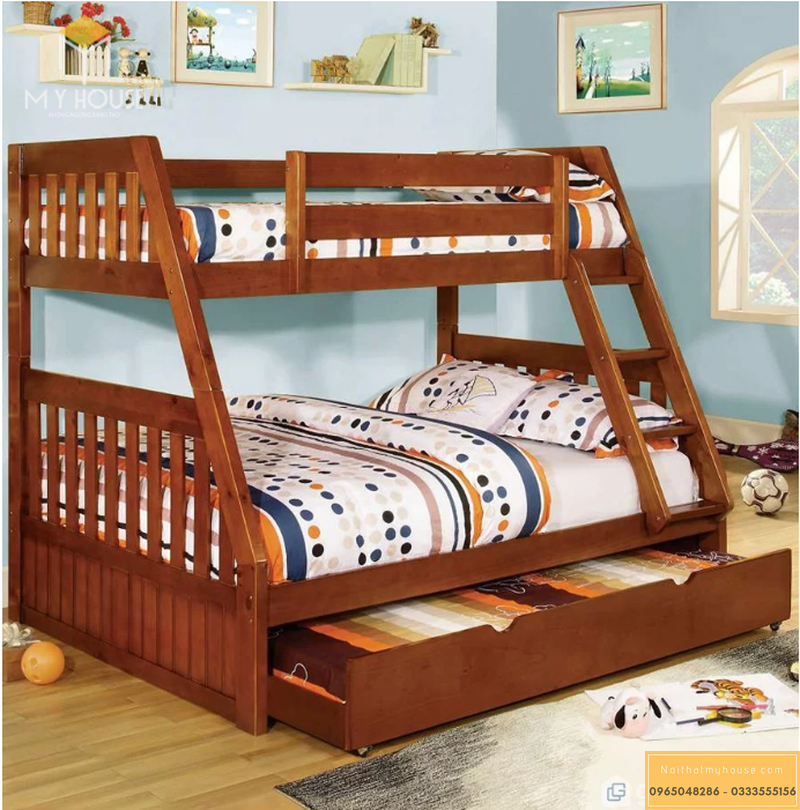 Sản phẩm giường 2 tầng giá rẻ của chúng tôi được làm từ gỗ tự nhiên vô cùng chắc chắn