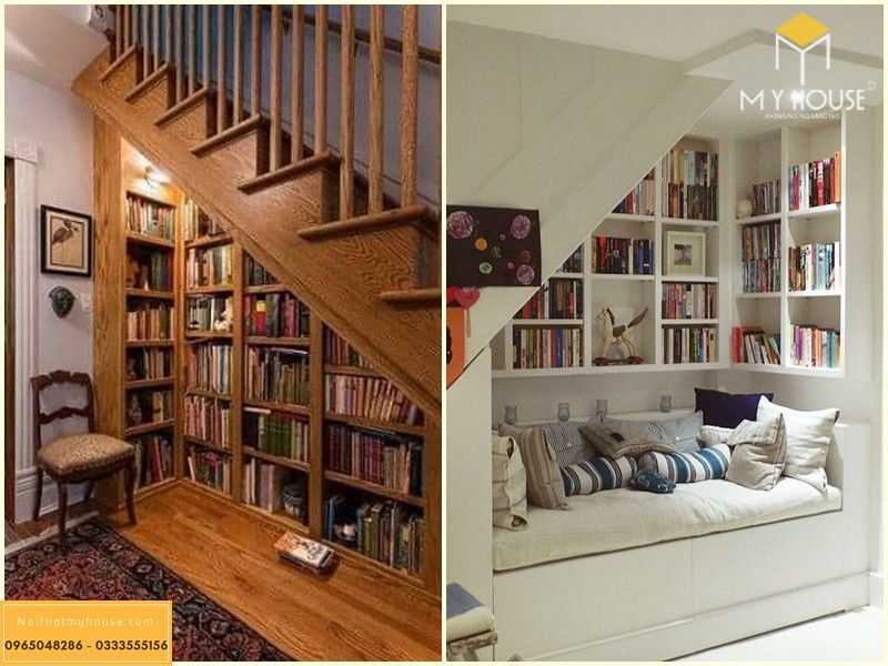 Tận dụng gầm cầu thang làm tủ sách