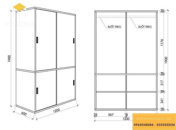 Bản vẽ tủ 2 ngăn đơn giản và tủ có ngăn để đồ