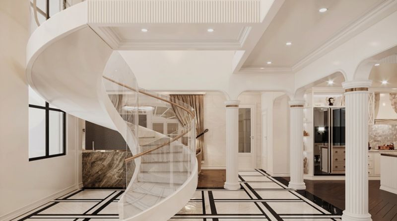 Thiết kế căn hộ Duplex Vinhomes West point - cầu thang xoắn màu trắng thiết kế ấn tượng 