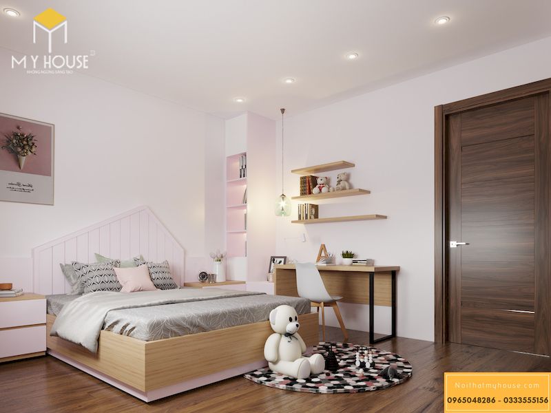 Mẫu thiết kế nội thất biệt thự liền kề gỗ óc chó - phòng ngủ nữ màu hồng