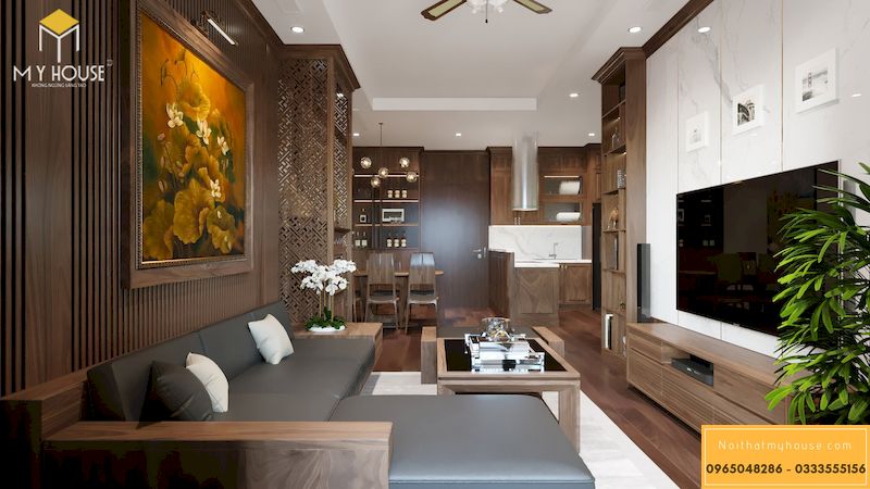 Thiết kế nội thất chung cư hiện đại gỗ óc chó - hình 03